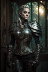 Naklejka na ściany i meble Portrait of a brunette female medieval knight in heavy corsett armor. Standing at the window in a forest castle and looking at the camera. Generative AI