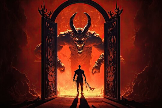 mystical image of demon in hell who has opened gate to hell, created with generative ai