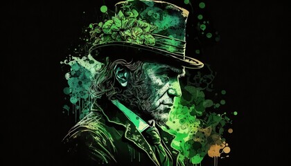 Obraz na płótnie Canvas St. Patrick's day background. Leprechaun ghost Man in green hat generative ai 