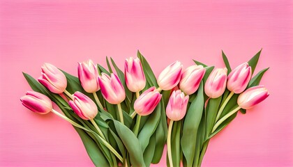 Bouquet of pink tulips flowers on pastel pink background