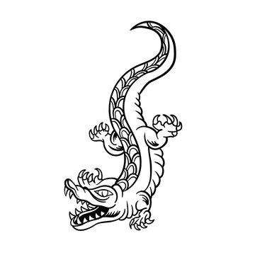 Hand drawn illustration of classic crocodile outline design