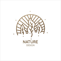 Nature logo of forest, sunny rays. Linear icon of landscape, sunrise. Vector emblem of trees with sun, badge for a travel, alternative medicine and ecology concept, spa, health and yoga Center