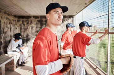 Baseball, pitcher or dugout with a sports man watching his team play a game outdoor during summer for recreation. Sport, teamwork and waiting with a male athlete on the bench to support his teammates