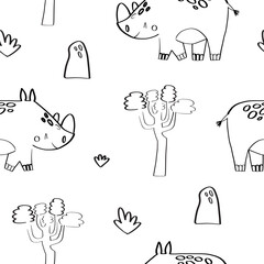 Cute rhinos seamless pattern. Funny hand drawn animals. Creative children's background in doodle style. Safari vector illustration. Rhinoceros and palm trees.