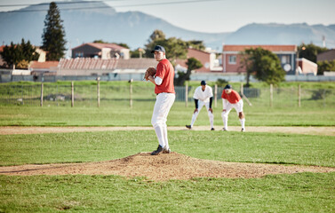 Obraz premium Baseball pitcher, match and athlete throw or pitch ball in a game or training with a softball team. Sports, fitness and professional man or person in a competition with teamwork in a stadium