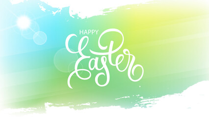 Happy Easter celebration banner with hand lettering, spring sun and white brush strokes for Easter holiday greetings and invitations. Vector illustration. © FineVector