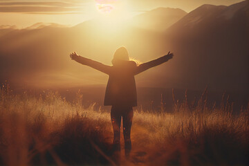 Portrait of a women with a backpack wearing a cap, walking on a foggy cloudy mountain path with a backpack. Healthy lifestyle concept, generative ai