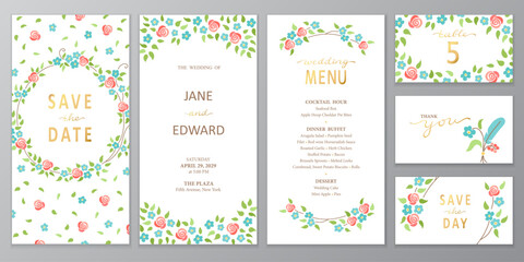 Vector vertical wedding invitation cards set with rose and blue flowers and green leaves on white background. Simple botanical design for wedding ceremony.