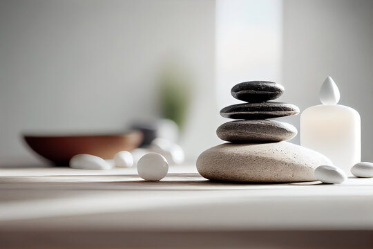 Wellness spa with zen stone on white room. Generate ai