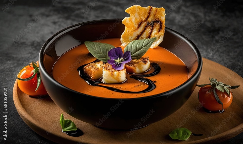 Poster a bowl of soup with a garnish on top of it. generative ai