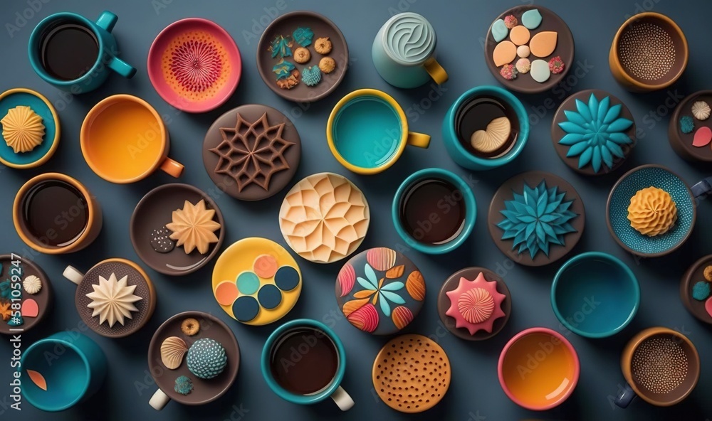 Poster a collection of colorful cups and saucers on a table. generative ai