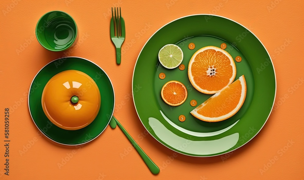 Poster a green plate with oranges and a fork and knife. generative ai