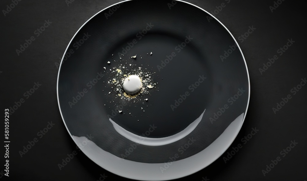 Poster a black plate with a small white object in the middle of it. generative ai