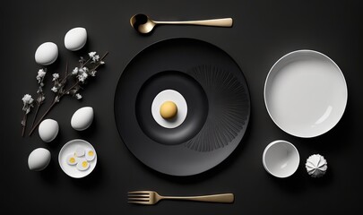  a plate with an egg on it next to other plates.  generative ai