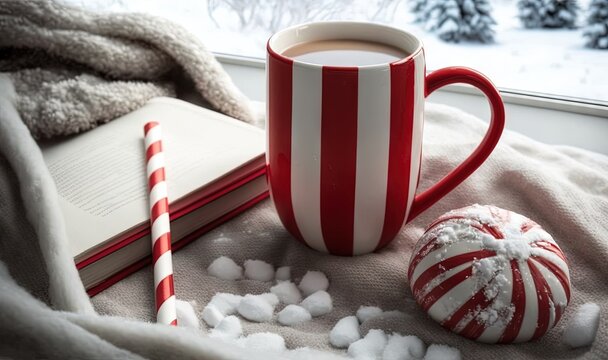  a cup of coffee and a candy cane on a blanket.  generative ai