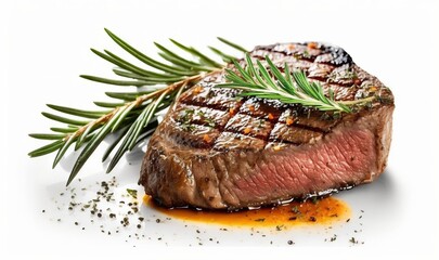  a piece of steak with a sprig of rosemary on top of it.  generative ai