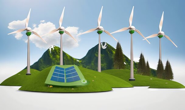  a group of wind turbines and a solar panel in a field.  generative ai