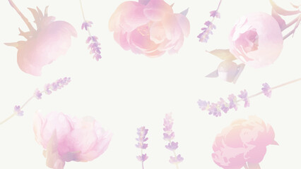 White background with gentle pink peony and lavender flowers, stock illustration