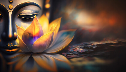 Lotus Flower and Buddha statue. Generative Ai. 