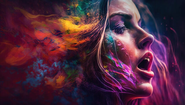Woman with ethereal coloured energy exiting her mind. Generative Ai.