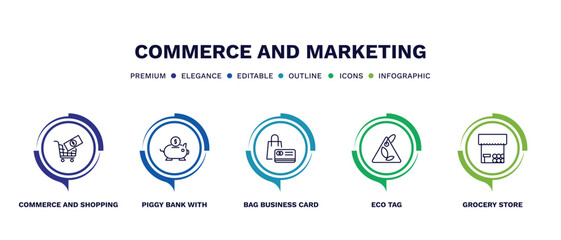 set of commerce and marketing thin line icons. commerce and marketing outline icons with infographic template. linear icons such as commerce and shopping, piggy bank with coin, bag business card,