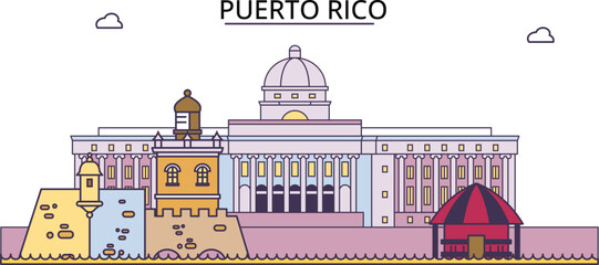 Puerto Rico tourism landmarks, vector city travel illustration