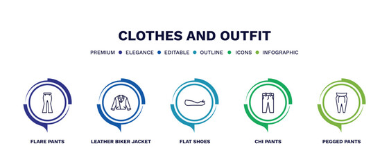 set of clothes and outfit thin line icons. clothes and outfit outline icons with infographic template. linear icons such as flare pants, leather biker jacket, flat shoes, chi pants, pegged pants