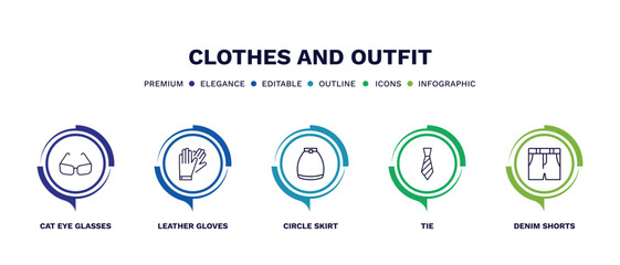 set of clothes and outfit thin line icons. clothes and outfit outline icons with infographic template. linear icons such as cat eye glasses, leather gloves, circle skirt, tie, denim shorts vector.