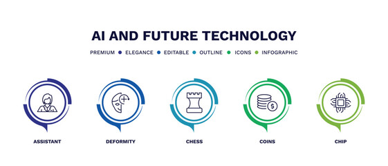set of ai and future technology thin line icons. ai and future technology outline icons with infographic template. linear icons such as assistant, deformity, chess, coins, chip vector.