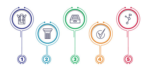 set of education and science thin line icons. education and science outline icons with infographic template. linear icons such as school bag, archives, halfway, greek pillar, check mark vector. © Abstract
