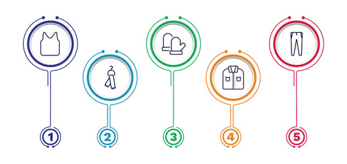 set of clothes and outfit thin line icons. clothes and outfit outline icons with infographic template. linear icons such as jersey blazer, wool gloves, slim fit pants, scarf on hanger, formal shirt