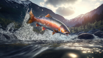 Salmon jumps on mountain river created with generative AI technology