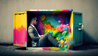 Businessman's thoughts escaping the box. Generative Ai.