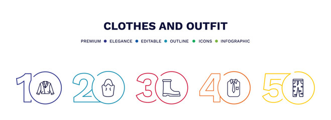 set of clothes and outfit thin line icons. clothes and outfit outline icons with infographic template. linear icons such as leather biker jacket, bucket bag, wool boots, collarless cotton shirt,