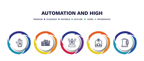 set of automation and high thin line icons. automation and high outline icons with infographic template. linear icons such as wired gloves, cityscape, teleportation, egg incubator, kettle vector.