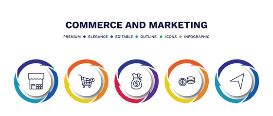 set of commerce and marketing thin line icons. commerce and marketing outline icons with infographic template. linear icons such as grocery store, take out from the cart, full money bag, turkish,