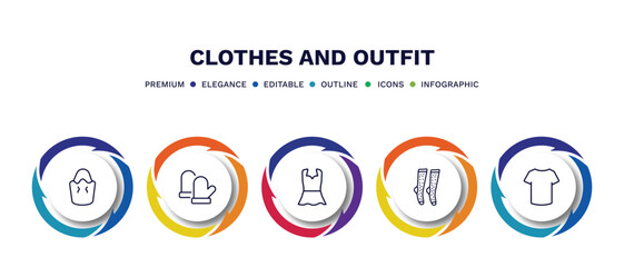 set of clothes and outfit thin line icons. clothes and outfit outline icons with infographic template. linear icons such as bucket bag, wool gloves, peplum top, women socks, cotton polo shirt