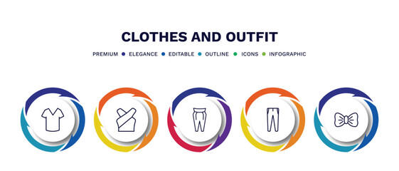 set of clothes and outfit thin line icons. clothes and outfit outline icons with infographic template. linear icons such as v neck shirt, chiffon suffle blouse, pegged pants, slim fit pants, bow tie