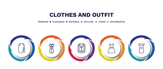 set of clothes and outfit thin line icons. clothes and outfit outline icons with infographic template. linear icons such as slit skirt, lyocell shirt dress, oxford wave blazer, drees, off the