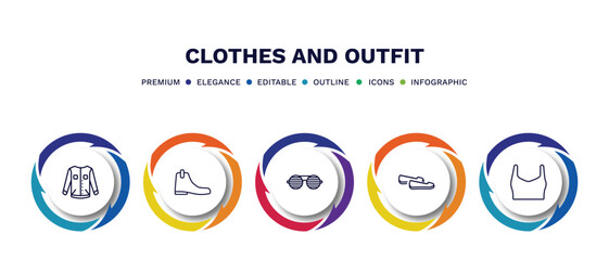 set of clothes and outfit thin line icons. clothes and outfit outline icons with infographic template. linear icons such as denim jacket, leather chelsea boots, shutter sunglasses, loafer, draped