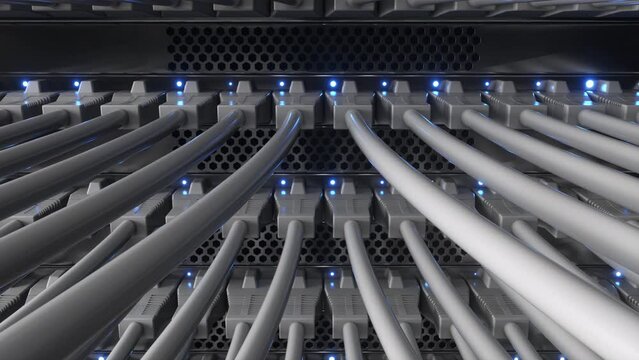 Close up view of internet network switch with connected white ethernet cables. Link lights on the server. High speed interface. Data transfer center,cloud computing and telecommunication.Infinite loop