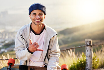 Smile, portrait of skateboarder with shaka hand gesture and skateboarding hobby and skill on...