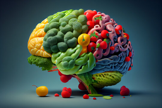 Healthy brain food to boost brainpower nutrition concept as a group of nutritious nuts fish vegetables . AI Generate