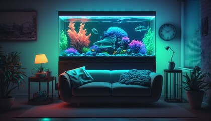 3D illustration of a colorful aquarium in a modern room with RGB colorful lighting. Generative Ai.