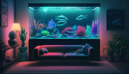 3D illustration of a colorful aquarium in a modern room with RGB colorful lighting. Generative Ai.