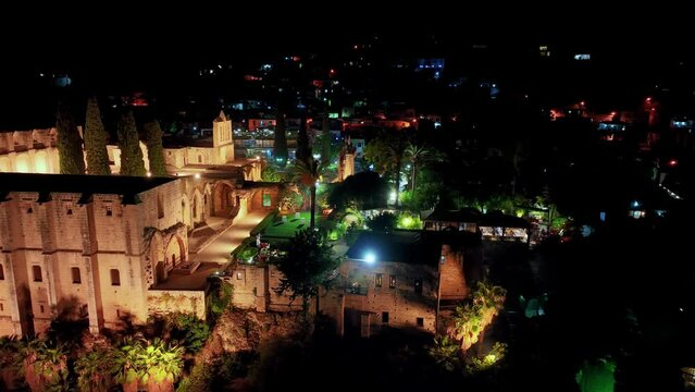 Bellapais Monastery aerial night view in Bellapais village, North Cyprus