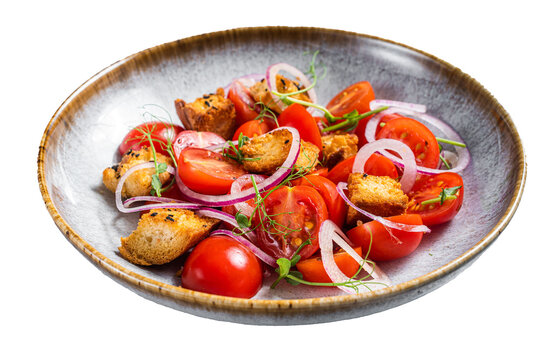 Fresh Vegetarian Panzanella salad with tomatoes, onion and Croutons.  Isolated, transparent background.