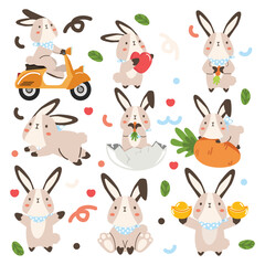 Cute bunny rabbit happy cartoon set