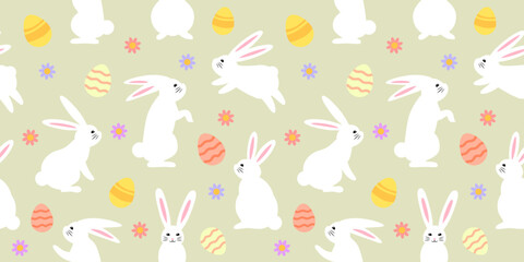 Easter Holiday Seamless pattern with rabbits, decorated  eggs and flowers, wrapping paper, print, textile pattern.