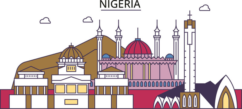 Nigeria tourism landmarks, vector city travel illustration